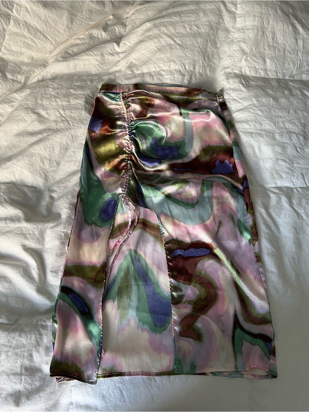 Asymmetrical Satin Marble-Print Midi Skirt - Pink & Green